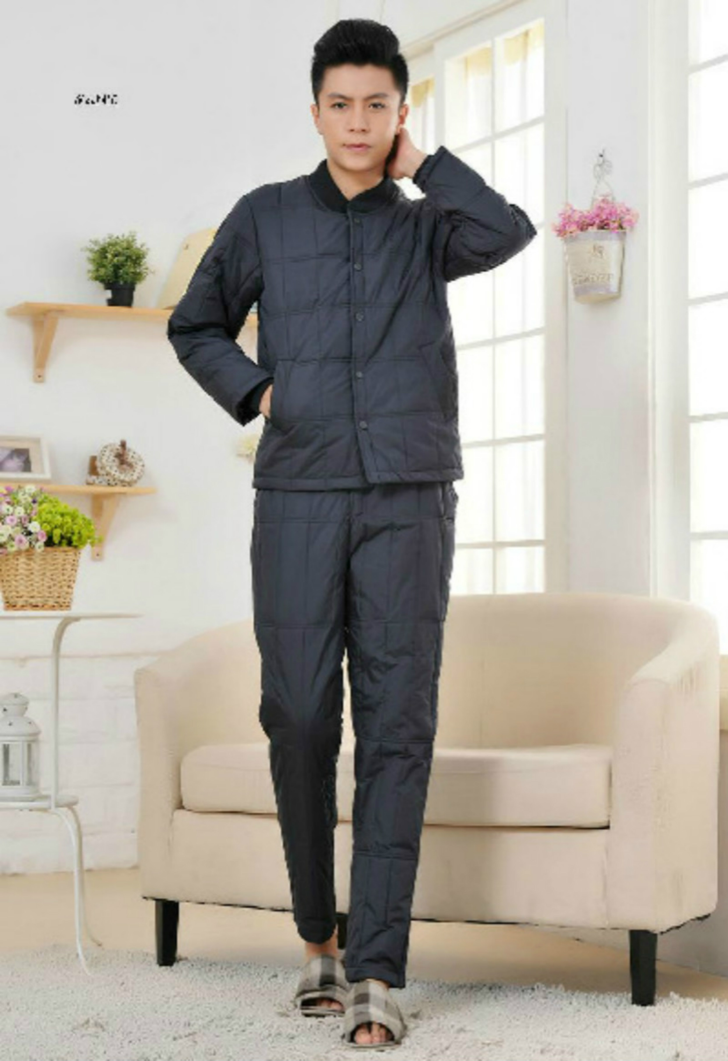 新款冬季加厚鸭绒丝中老年绒丝内胆内外穿裤子爸爸羽丝服加厚套装