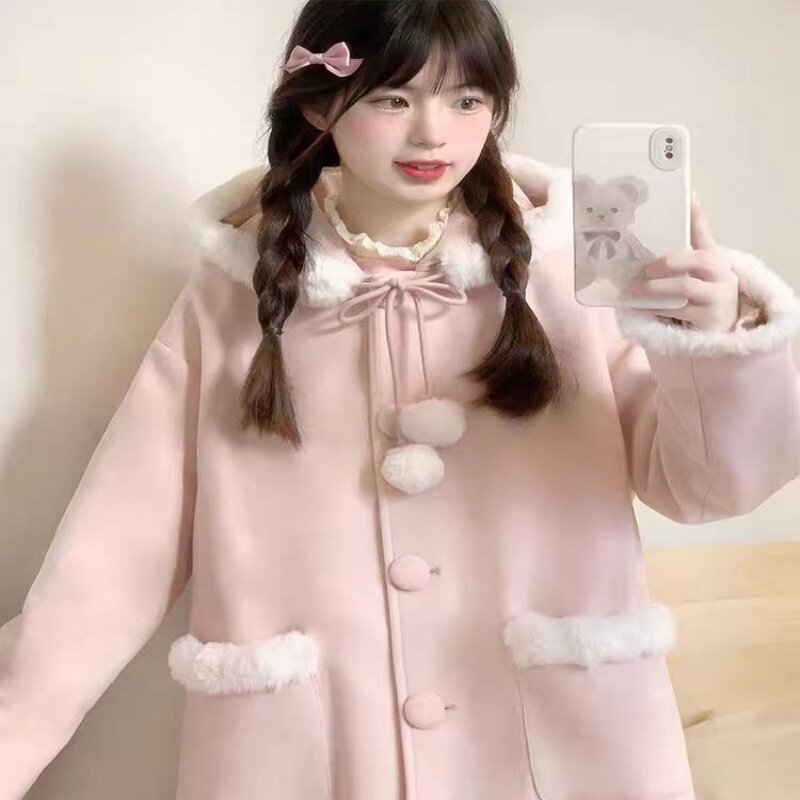 羊羔毛粉色大衣女2025新款学院风小个子中长款连帽毛呢外套女秋冬