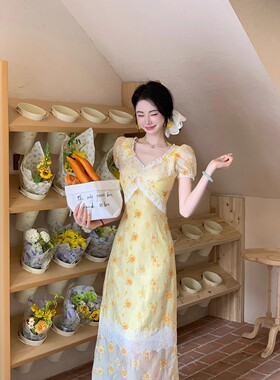 4个版法式天丝雏菊A字裙刺绣短袖连衣裙半身裙子