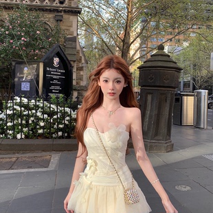 捕梦少女层次感网纱堆叠花朵抹胸上衣 半裙套装