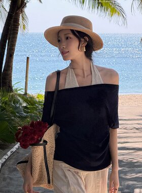 ELSISSI挂脖一字肩短袖T恤女2026夏爆款设计感假两件显瘦上衣