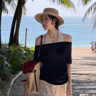 ELSISSI挂脖一字肩短袖T恤女2026夏爆款设计感假两件显瘦上衣