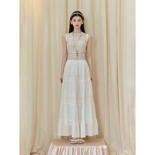 且可ChillCozy梦涟 连衣裙春夏 南法假日蕾丝拼接天丝苎麻收腰无袖