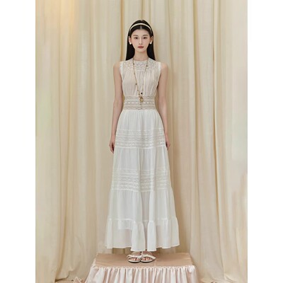 且可ChillCozy梦涟 南法假日蕾丝拼接天丝苎麻收腰无袖连衣裙春夏