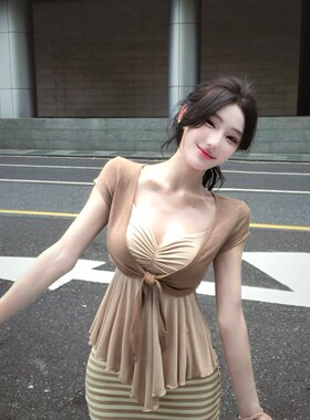 定制曲奇条纹流苏短款吊带女防晒开衫夏季小众条纹半裙套装