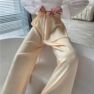 JW酒窝定制一米八大长腿醋酸缎面阔腿裤高腰垂感松紧腰休闲裤24新
