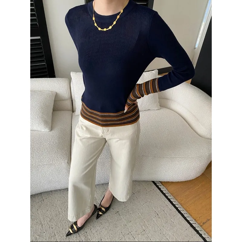 司南 博主腔调感 撞色条纹拼接假两件圆领修身显瘦针织衫 SN8445