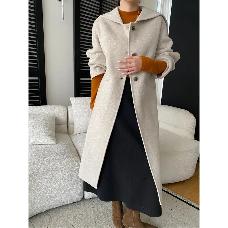 司南 至简高智感 法式气质海军领廓形羊毛双面呢大衣外套 SN8425