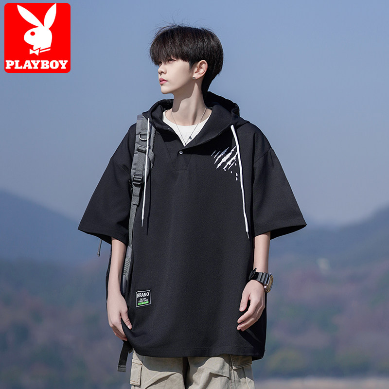 花花公子短袖t恤男士2026新款夏季冰感宽松大码潮牌连帽五分半袖