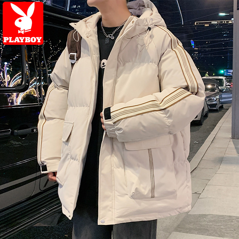 花花公子棉服男款秋冬季条纹设计加厚面包服潮牌宽松连帽铺棉外套