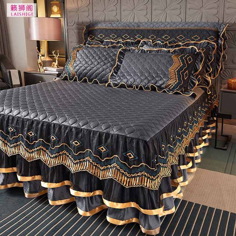 欧式纯色夹棉蕾丝水晶绒床罩床裙防滑席梦思床套床头罩床盖防尘罩