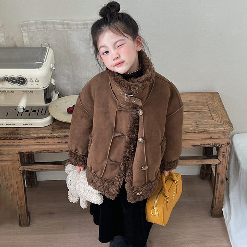 女童仿皮毛一体加厚立领机车服