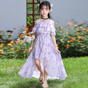 女童前短后长裙子2026新款儿童5-14岁雪纺碎花薄款沙滩海边连衣裙