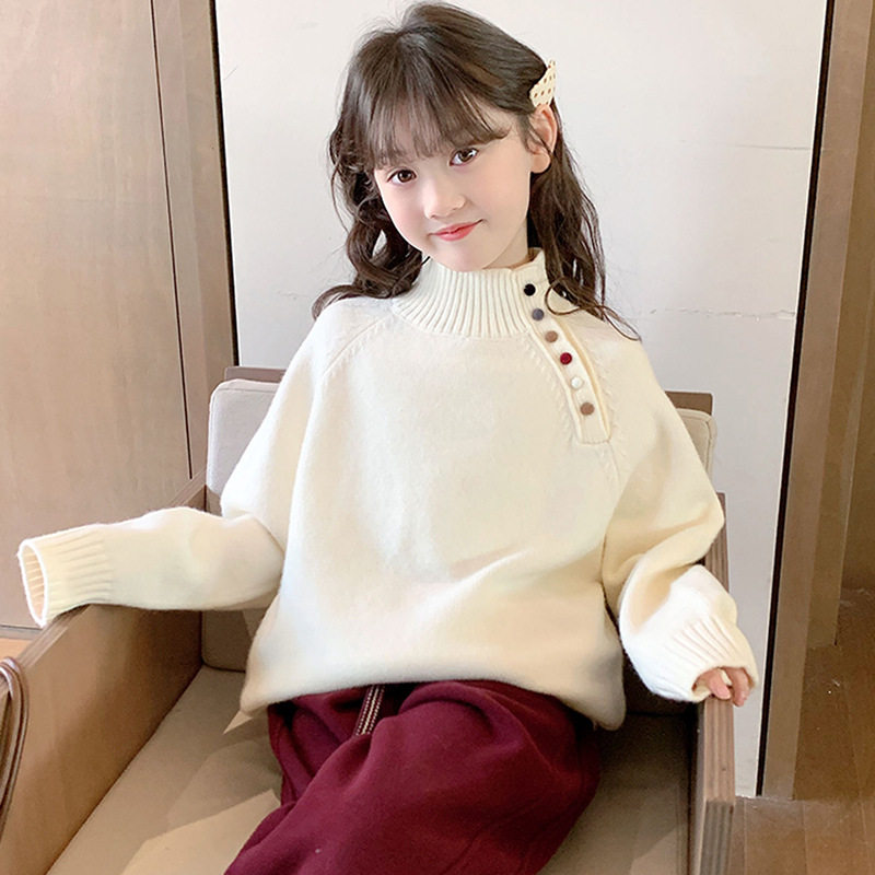 女童半高领毛衣打底衫2025秋冬新款女童小清新时尚彩虹扣针织毛衣