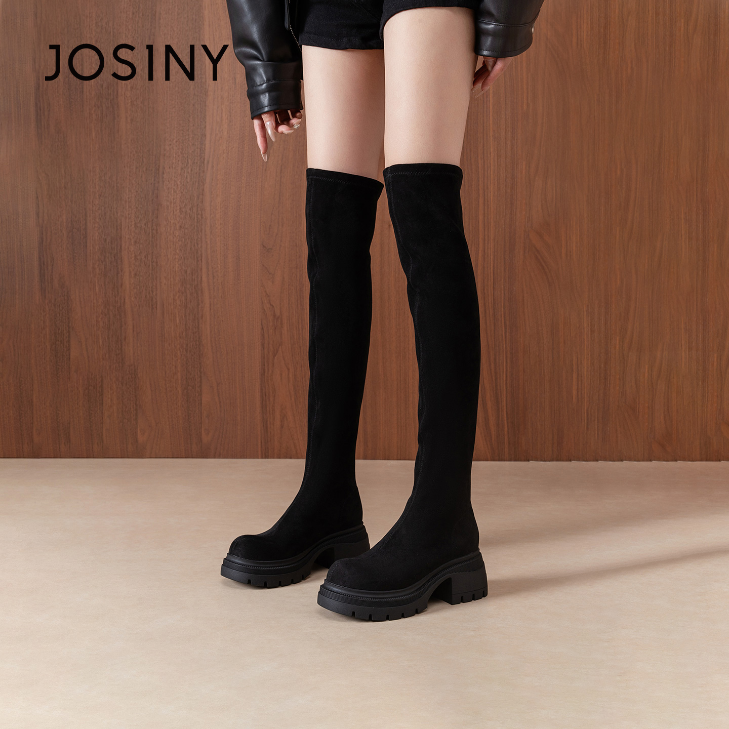 长筒靴过膝黑色弹力绒面厚底显瘦