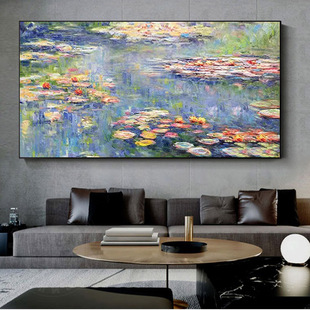 手绘临摹莫奈睡莲名画玄关装饰画别墅客厅横向背景墙餐厅轻奢挂画