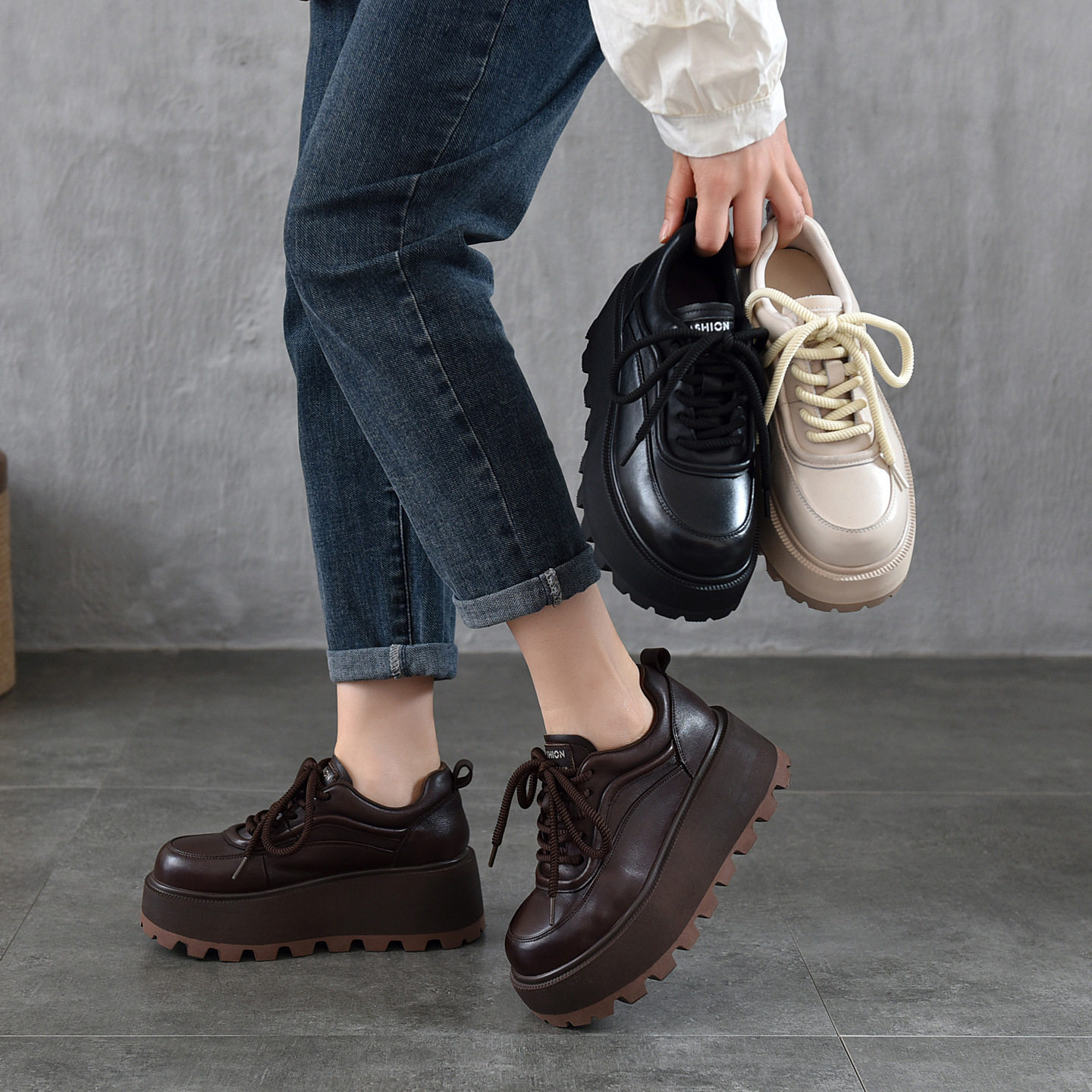 头层牛皮百搭学生女鞋增高小个子单鞋女松糕厚底小白鞋舒适复古,女鞋,时尚休闲鞋,淘宝优惠券,粉丝福利购,淘宝优惠卷