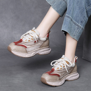 2025新款头层牛皮拼色老爹鞋女轻便软底超轻女鞋平底舒适显脚小