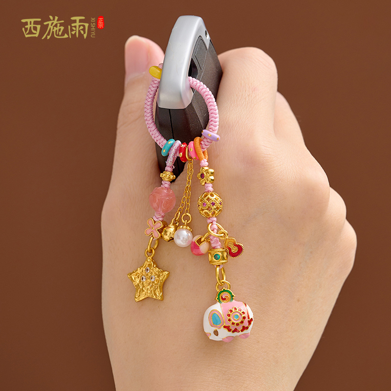 古法沙金吉祥小象钥匙挂件创意可爱萌趣手机链挂饰女闺蜜生日礼物