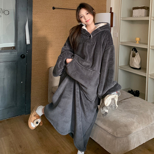 秋冬季 高级灰卫衣大睡袍加厚珊瑚绒保暖超长睡裙可外穿连帽睡衣女