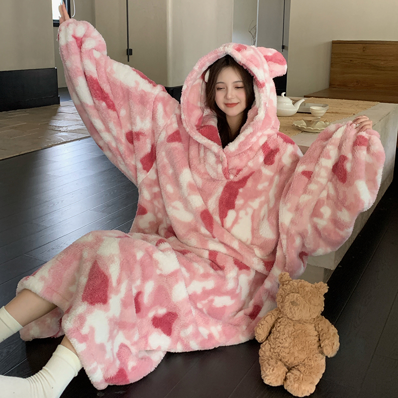 珊瑚绒睡裙女加绒加厚可爱连帽粉色迷彩大睡袍法兰绒可外穿家居服