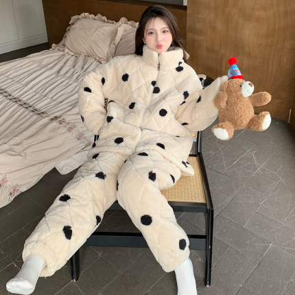 睡衣女款秋冬季加绒加厚三层夹棉保暖珊瑚绒拉链家居服套装可外穿