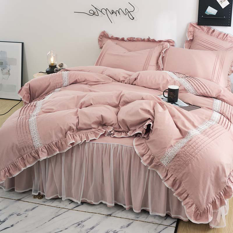 床上四件套带床裙豆沙色 纯棉床罩式荷叶边蕾丝ins风简约现代春季