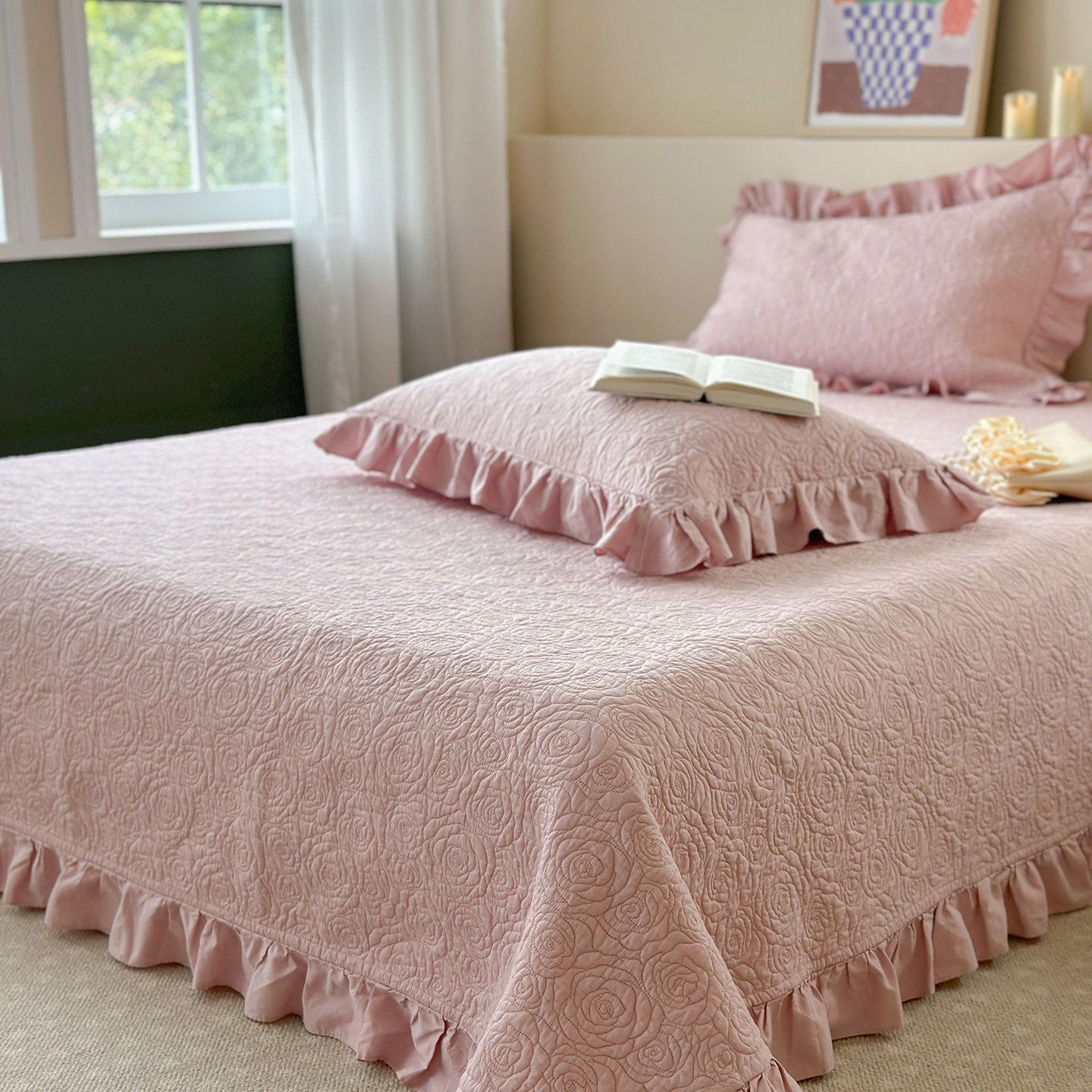 高端大气上档次床盖纯棉a类母婴四季通用新款超好看粉色玫瑰韩国