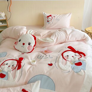 女孩子四件套全棉纯棉2026新款女童 粉色高档被套华夫格兔子可爱
