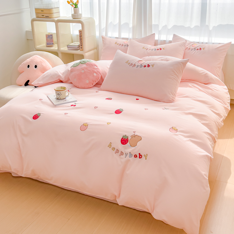 草莓熊床上床单四件套纯棉女孩 2024新款女童床上用品粉色女儿房
