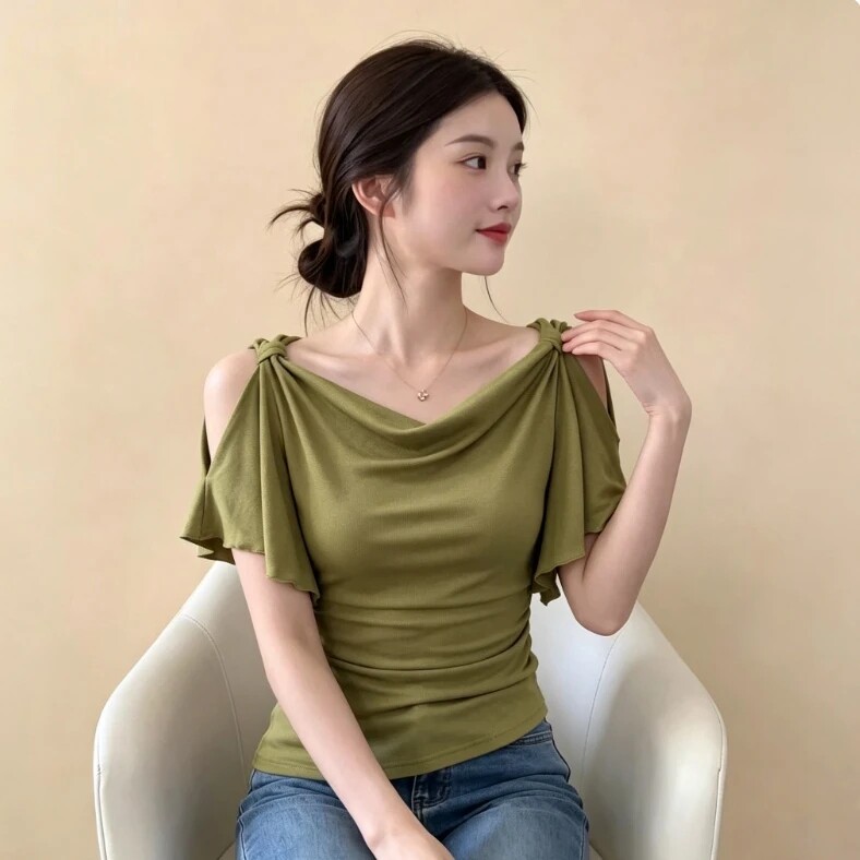 夏季纯欲荡领荷叶边修身T恤女