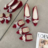 潮牌红色浅口婚鞋 秀禾主婚纱两穿平底孕妇新娘鞋 女2026年新款 中式
