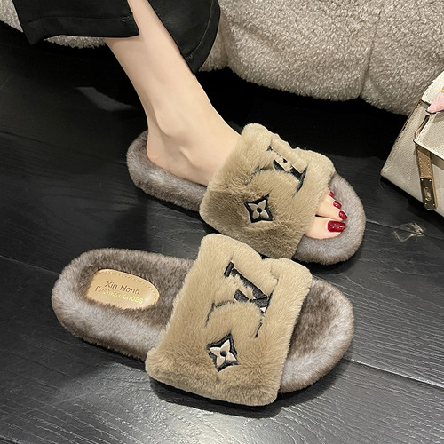 字母网红同款2024春秋毛毛拖鞋