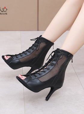 系带拉丁舞靴女高帮黑色爵士舞专用高跟短靴网眼镂空跳舞鞋salsa