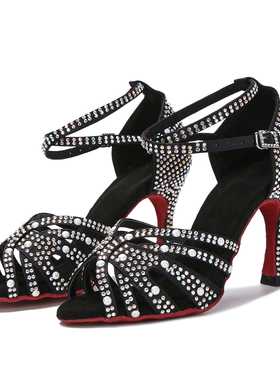 黑色拉丁舞鞋女2025新款专业软底成人高端舞蹈鞋镶钻跳舞凉鞋夏