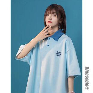ins潮牌简约刺绣原宿风翻领短袖t恤个性ins半袖港风polo衫女体恤