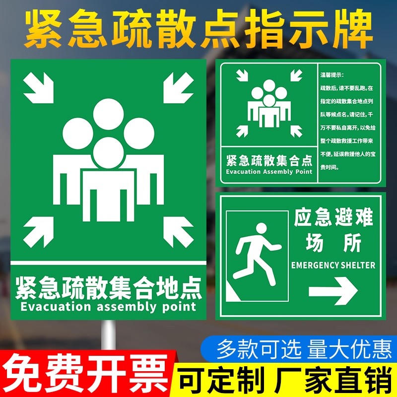 紧急疏散集合点标识牌应急避难场所指示牌消防安全逃生避难标志提示标示标牌防灾减灾撤离线路告示 可定制