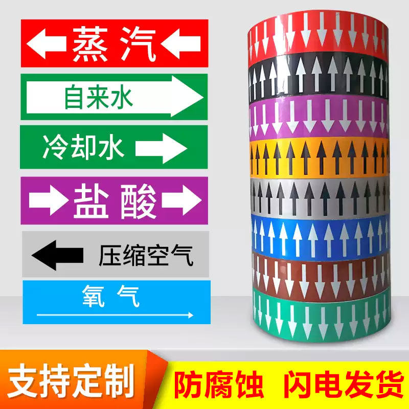 管道标识贴纸国标管道流向标识贴工业管道标志牌工厂化工消防管道标识色环流向箭头标签贴不干胶带定做