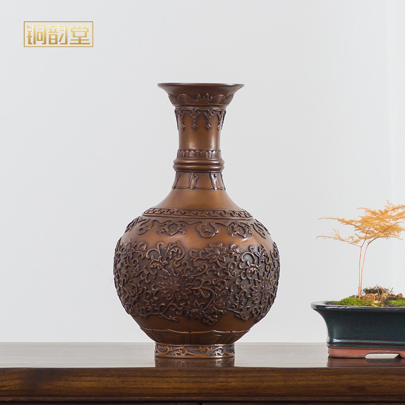 铜韵堂 紫铜缠枝纹花瓶摆件家居创意礼品装饰品艺术复古铜工艺品