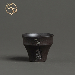 饮致仿古老岩泥品茗杯复古柴烧黑陶鎏银茶杯主人杯单杯功夫茶具