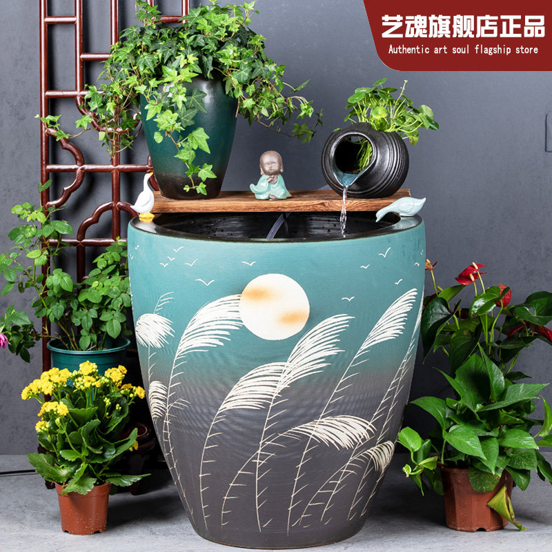 加高绿色落日陶瓷大缸古法养鱼缸阳台金鱼缸陶罐循环流水造景水缸