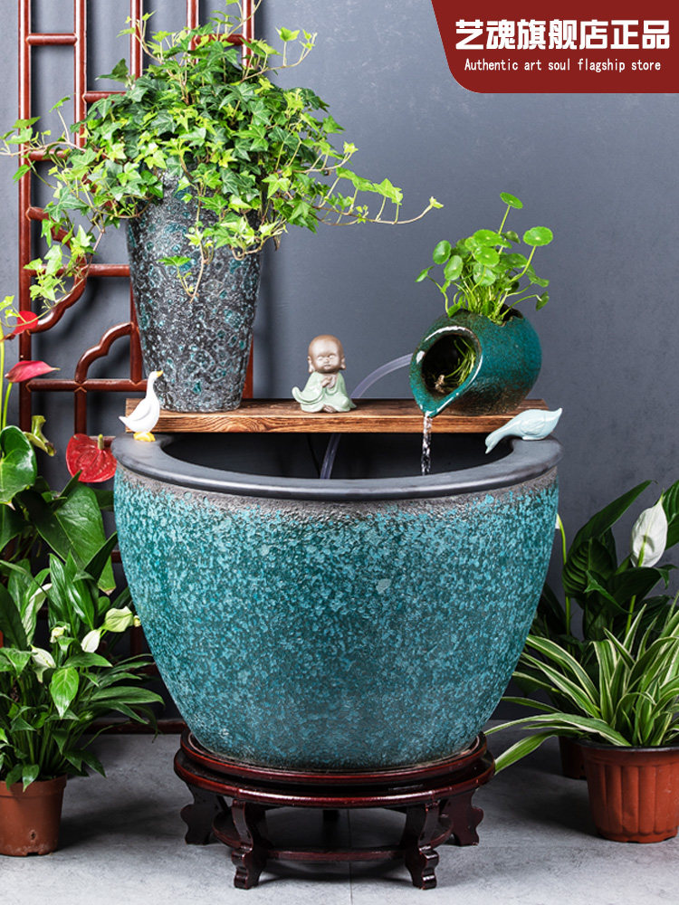 景德镇陶瓷金鱼缸阳台办公室客厅家用循环流水摆件庭院古法养鱼缸