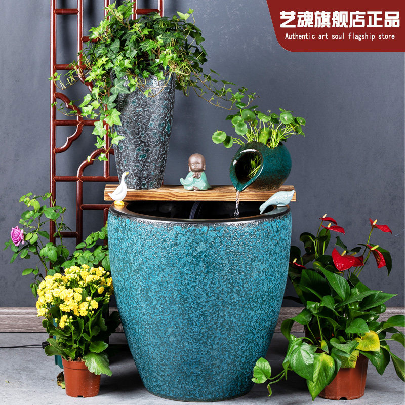 加高绿色陶瓷大缸古法养鱼缸客厅阳台金鱼缸陶罐循环流水造景水缸