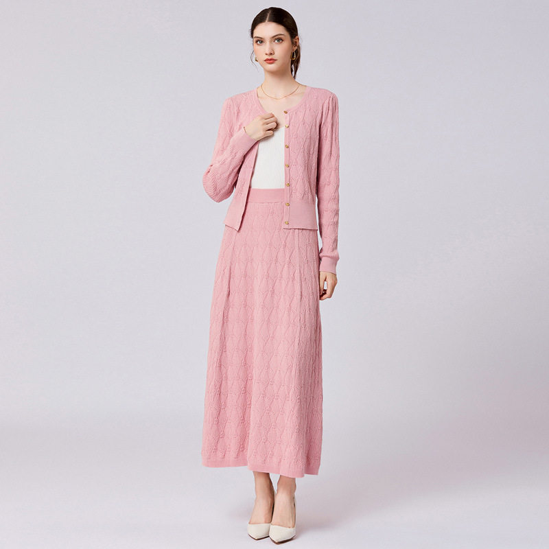 秋冬新款圆领长袖羊毛套装女重工提花开衫上衣长款半身裙两件套潮