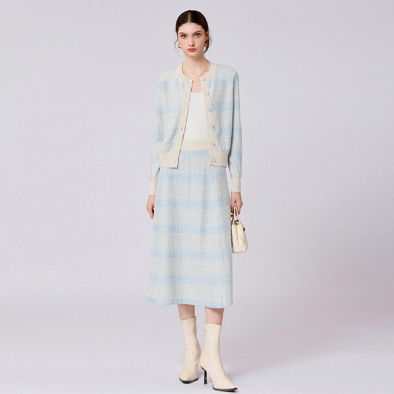 2026女装欧美小香风套装裙女春秋新款条纹开衫上衣长半裙套装气质