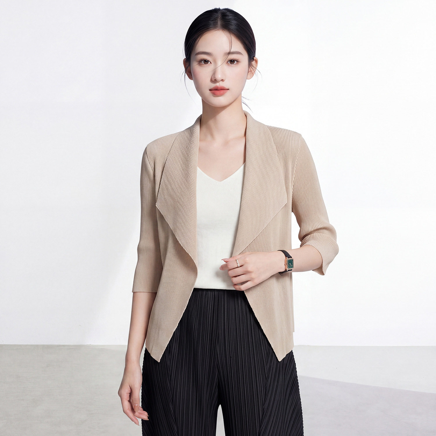 2026新款女装货源三宅大翻领开衫外套女五分袖宽松显瘦外搭春夏款