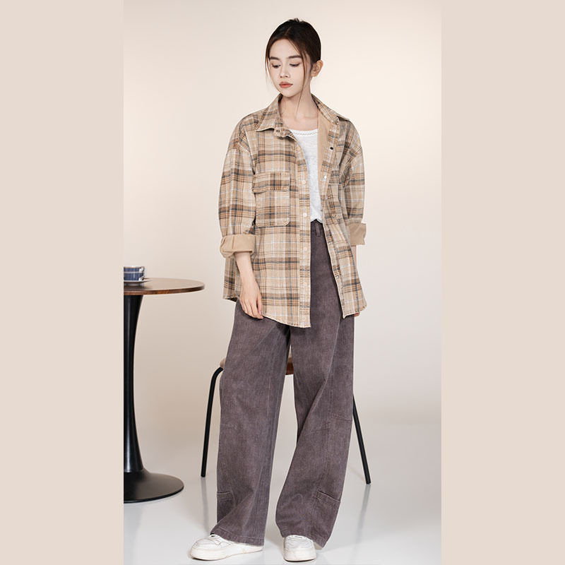 牛仔衬衫女中长款落肩长袖衣服格纹衬衣宽松上衣女装2026新款百搭