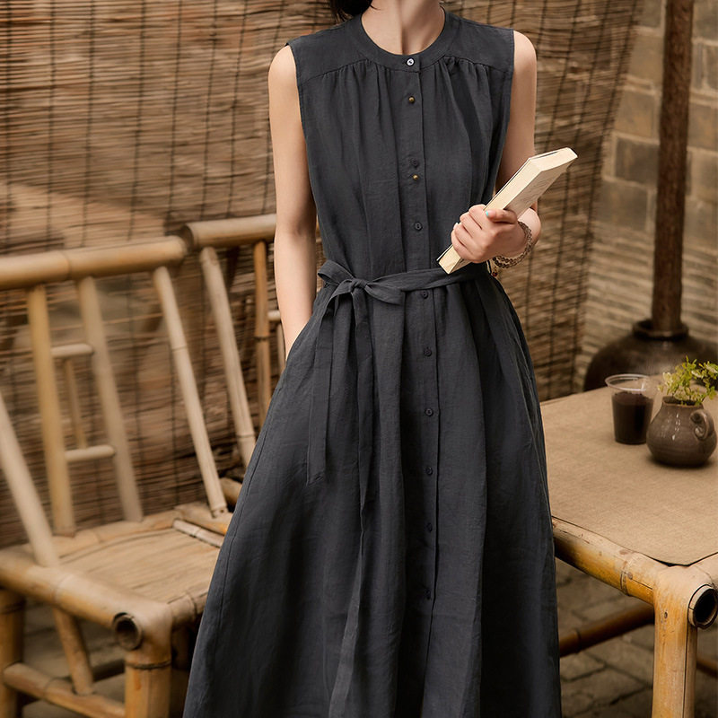 棉麻连衣裙灰色背心A字裙子吊带裙中长款气质女装新款2026夏季女