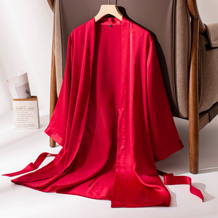 本命年红色真丝睡袍女婚礼晨袍性感真丝丝绸睡衣法式家居服极简潮