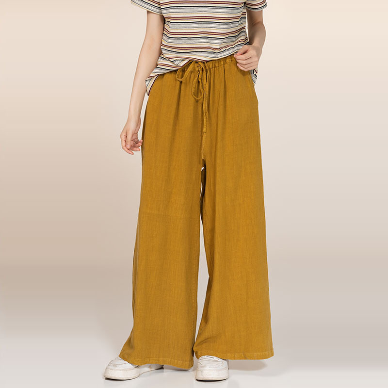 宽松慵懒风春夏季亚麻休闲裤女新款显瘦直筒阔腿松紧腰抽绳直筒裤